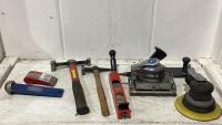 SHOP BOX OF SHRINKING HAMMERS, PNEUMATIC AIR SANDERS & MISC