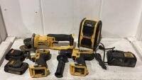 DEWALT CORDLESS TOOLS, ANGLE GRINDER, DRILLS, SPEAKER, CHARGER & BATTERIES