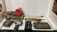 SHOP BOX OF SOCKET SETS, DRIVE AIR IMPACT WRENCH, BATTERY CHARGER & MISC