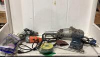 CRATE OF DRILLS, GRINDER, SANDER, CUFF-OFF WHEELS & RESPIRATOR
