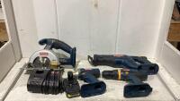 RYOBI TOOLS RECIP SAW, DRILLS, CIRCULAR SAW, BATTERY CHARGER & BATTERY