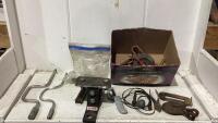 SHOP BOX OF SCREWDRIVERS, PLIERS, DRIVE SPEEDER WRENCHES, MOUNTING BRACKET HITCH & MISC