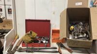 SHOP BOX WITH DRILL BIT SET, VARIOUS DRILL BITS, WIRE CUTTER, WRENCH, CLAMPS, KNOTS & MISC