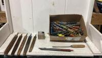 SHOP BOX OF FILES, SCREWDRIVERS, JIGSAW BLADE & MISC