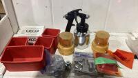 SHOP BOX WITH PLASTIC ORGANIZER, SPRAY GUN, WHEEL LOCKS, LIGHTS & MISC