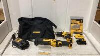 DEWALT BAG WITH RECIP SAW, DRILL, BATTERY CHARGER & 3 BATTERIES