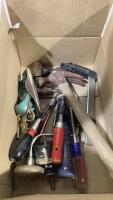 TOTE WITH SCREWDRIVERS, DRILL BITS, FILES, HAMMERS, PLANER, WRENCHES, SOCKETS AND MISC