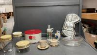 BOX W/ MISC COLLECTIBLES - METAL CAKE SAVER, WONDER WOMAN CAKE PAN, VINTAGE GLASS CANISTERS,
