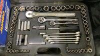SHOP BOX WITH SOCKET & WRENCH SET, EMPTY SET, SHELF BRACKETS & MISC
