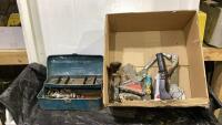 SHOP BOX WITH SCRAPERS, TOOL BOX, HOOK, FLOORING KNIFE & MISC