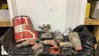 CRATE WITH DRILLS, BATTERIES, CHARGE, PORTABLE VACUUM & CAR REAR LIGHT