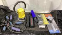 SHOP BOX WITH LANTERN, CRANK LIGHT, DRUM LEVEL INDICATOR, AIR PUMPS & MISC