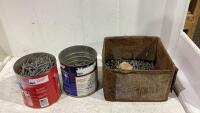 SHOP BOX WITH NAILS & 2 BUCKETS OF NAILS