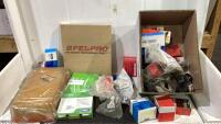 SHOP BOX WITH VARIOUS AUTO MOTIVE PARTS, AIR FILTER, TRUCK WHEEL SEAL & MISC