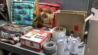 GOOD LIDDED TOTE W/PILLOWS, SMALL TABLE LAMPS, MASSAGER, BLANKET
