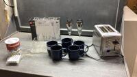BOX W/ CORDIAL SET, TOASTER, WINE GLASSES, MUGS