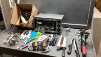 TOASTER OVEN + BOX OF ASSORTED HOUSEHOLD, SILVERPLATE WINE GLASSES