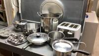 BOX W/TOASTER , POTS + PANS, STOCK POT