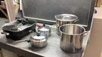 BIG BOX W/STOCK POTS, POT + PANS , ELECTRIC FRYPAN