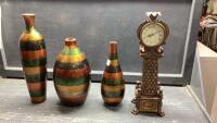 BOX W/UNIQUE CLOCK + (3) VASES