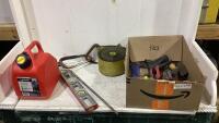 SHOP BOX AXE, PLIERS, SCRAPER, LEVEL, STRAPS, FLOORINGN KNIFE AND MISC