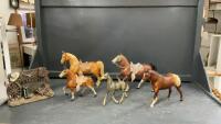 (5) VINTAGE PLASTIC HORSES - APPALOOSA IS A BREYER. AND A RESIN WESTERN WELCOME SIGN
