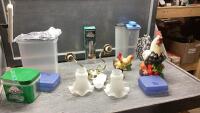 (2)BOXES - LIGHT FIXTURE, DISHWASHER PODS, PLASTIC STORAGE CONTAINERS