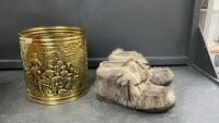 VINTAGE &ldquo;BLOND&rdquo; FUR BOOTS & BRASS COLORED CAN