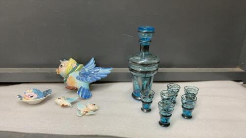 SMALL BLUE DECANTER W/ MINI GLASSES & &ldquo;BLUE BIRD&rdquo; CERAMIC WALL DECOR