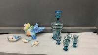 SMALL BLUE DECANTER W/ MINI GLASSES & &ldquo;BLUE BIRD&rdquo; CERAMIC WALL DECOR