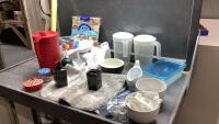 BOX W/ PLASTIC PITCHERS, BOWLS, TABLE CLOTHS, GRAVY BOAT,BATH MAT