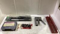 SHOP BOX WITH STAPLER, WELDING KIT, SOCKET ORGANIZER, MASTER CYLINDER BLEEDER KIT & DUAL DRIVE STUBBY HEX SOCKET