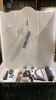 SHOP BOX WITH HACKSAW FRAME, DRY WALL SANDER, DRYWALL HAMMER, PEAR-HEAD RATCHET AND MISC