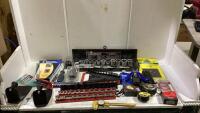 SHOP BOX WITH DRIVE SOCKET SET, MULTI-FUNCTION PLIERS, WRENCH HOLERS, MAGNETIC ORGANIZERS SOCKETS & MISC