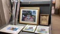 STACK OF PICTURES, FRAMES, CURTAIN RODS