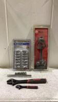 SHOP BOX WITH SOCKETS, FLEX SOCKETS, WRENCHES & COIL SPRING COMPRESSOR
