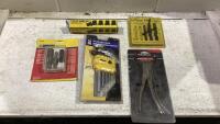 SHOP BOX WITH SCREW EXTRACOR SET, EYE LOUPE SET, SAE LONG HEX KEY SET AND MISC