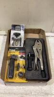 SHOP BOX WITH 3/16" DOUBLE FLARING TOOL, LOCKING PLIERS & WINDSHIELD WIPER ARM PULLER