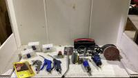 SHOP BOX WITH SANDER, AIR BLOW GUN, BRUSH, AIR HOSE, SMALL EMPTY CASES AND MISC