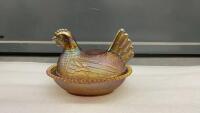 VINTAGE CHICKEN CANDY DISH - IRREDESCENT GLASS