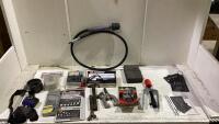 SHOP BOX WITH PRECISION TOOL SET, ELECTRICAL MULTIMEMETER, POCKET PRECISON REFERENCE CARDS & MISC