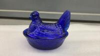VINTAGE COBALT BLUE CHICKEN CANDY DISH