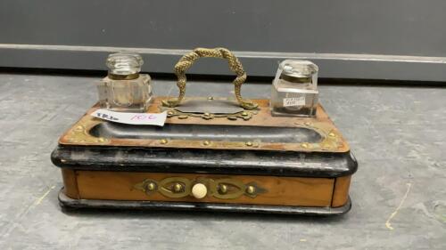ANTIQUE DESK CADDY W/(2) GLASS INK WELLS