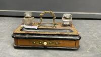 ANTIQUE DESK CADDY W/(2) GLASS INK WELLS