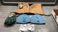 BOX W/ (2) TOQUES, (2) BERNE HOODS , DURA DIP GLOVES, GEL SHOE HEEL GRIPS