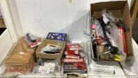 SHOP BOX WITH VARIOUS AUTO MOTIVE PARTS, INTERIOR DOOR HANDLES, WHEEL SEAL, PLUNGER, BRAKE PADS & MISC
