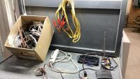 BOX W/BOOSTER CABLES, EXTENSION CORDS, POWER BARS, MISC CABLES