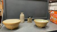 VINTAGE POTTERY - (2) BOWLS & (2) LIQUOR BOTTLES
