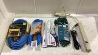 SHOP BOX OF VARIOUS CORDS & POWER STRIP
