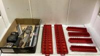SHOP BOX WITH PLASTIC SOCKET ORGANIZERS, KNIVES, MEASURING TAPES, ZIP-TIE, ASSORTED COPING SAW BLADES & MISC